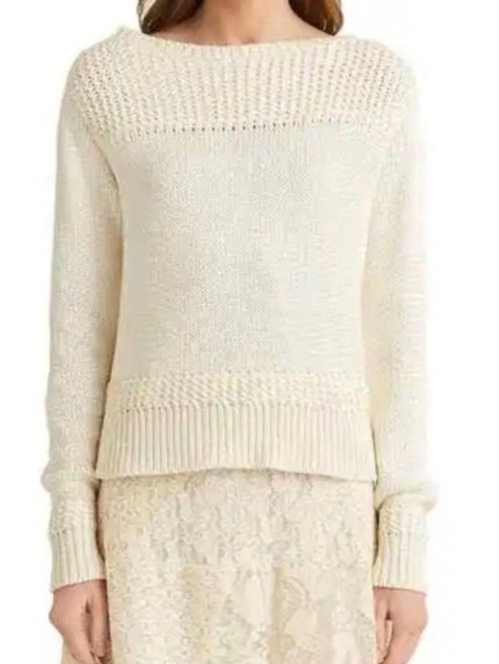 Lauren Ralph Lauren Cotton-Blend Boatneck Sweater Ivory Small - Picture 3 of 10